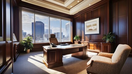 A high-end executive office with floor-to-ceiling windows, dark wood paneling, and a white frame above the desk.