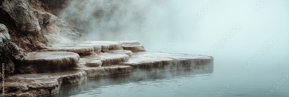 Aufkleber relaxing in a tranquil hot spring with steam rising above rocky edges in a serene natural setting at