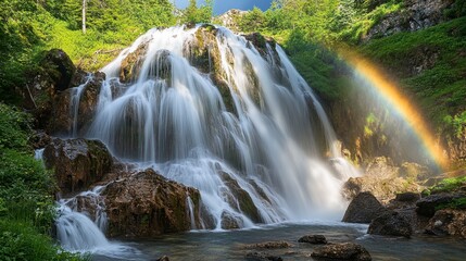 Obraz premium Water cascading over rocks, vibrant arc over the falls, lush green forest background, natural light and shadow patterns, tranquil atmosphere, outdoor