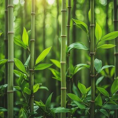 Lush green bamboo forest, sunlight filtering through leaves.  Nature background for serenity, peace