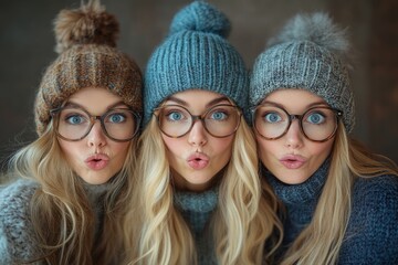 Three women with long hair and stylish glasses pose playfully in cozy winter hats indoors during a friendly gathering
