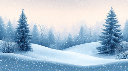 Fototapeta premium Snowy forest landscape with blue trees. Watercolor winter scene with snow-covered trees and a serene sky,