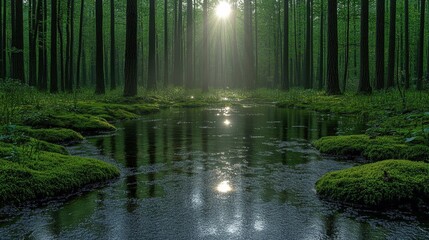Obraz premium Sunlight Filtering Through Lush Forest Over Pond