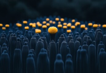 Obraz premium Abstract image of many dark figures, with a single bright yellow figure standing out in the center, dark background, detailed 3d figures, pixelated