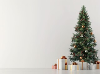 Fototapeta premium A decorated Christmas tree with gifts at the base stands in front of a white wall