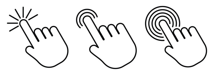 Click icon linear logo. Hand click icon set illustration. Hand cursor icon vector, Computer mouse click cursor gray arrow icons set and loading icons.