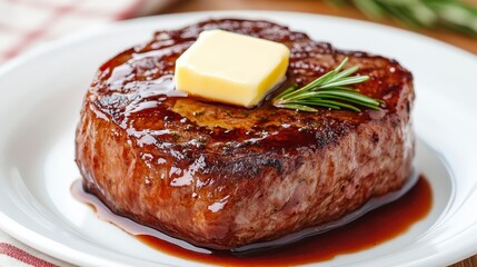 Close up of a cooked steak on a white plate, topped with butter and rosemary. The steak is brown and slightly glossy, with a rich dark brown crust. A