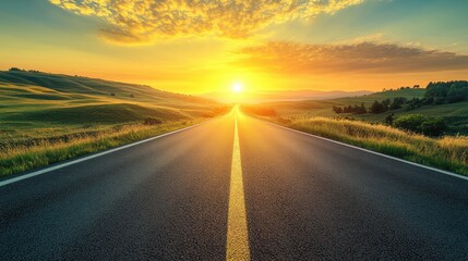 Naklejka premium Asphalt road sunset landscape, journey ahead, hills, travel