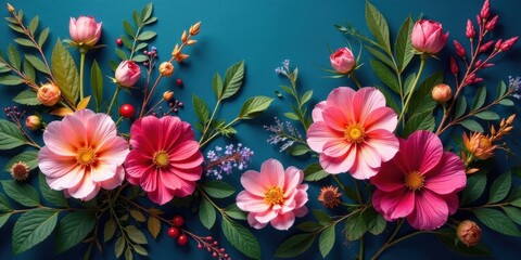 A vibrant arrangement of pink and coral blossoms, interspersed with lush green foliage and autumnal berries, creates a captivating floral display against a deep teal backdrop.