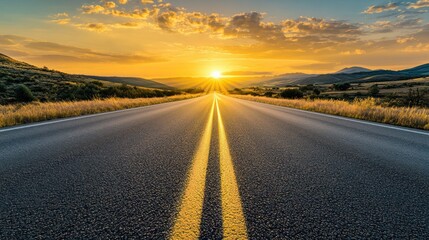 Naklejka premium Sunset highway road trip journey mountains landscape