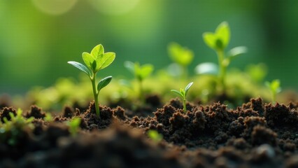 Early Spring Growth Delicate Seedlings Emerging from Rich Soil, Basking in the Gentle Sunlight
