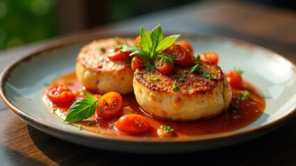 Delicious Pan-Seared Fish Cakes Served with a Zesty Tomato Reduction and Fresh Herbs