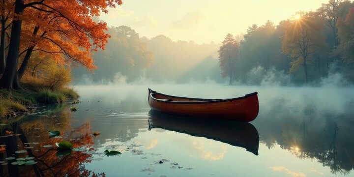 Serene autumn morning mist over a calm lake with a single canoe