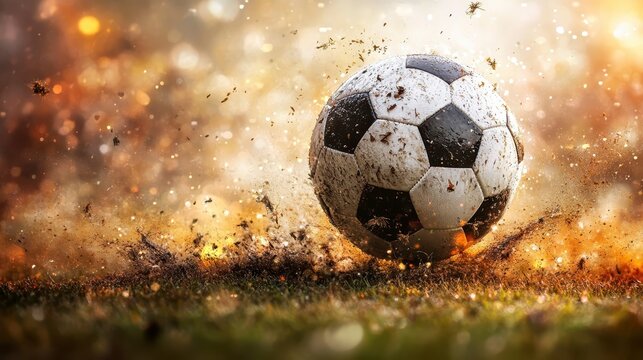 Dynamic ball in mid air, surrounded by splashes of dirt and water, against a background of golden light and bokeh