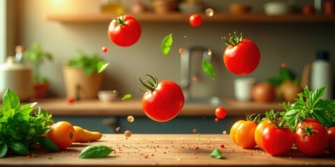 Red and yellow tomatoes levitating above a wooden table with fresh basil and spices