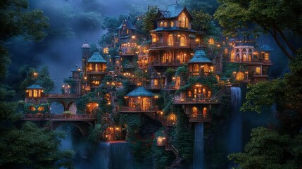 Obraz premium Enchanted forest village with glowing houses nestled in a waterfall, pixel art style, night time, warm lighting, intricate architecture, nature