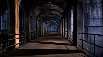 Fototapeta premium Dimly lit industrial corridor with arches leading into darkness, evoking mystery and exploration