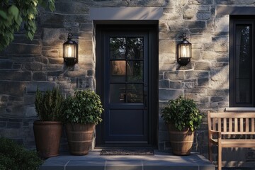 Obraz premium Evening Ambiance: Illuminated Stone House Entrance