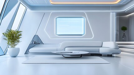 A high-tech living room with sleek furniture, LED lighting, and a digital screen-like white frame.