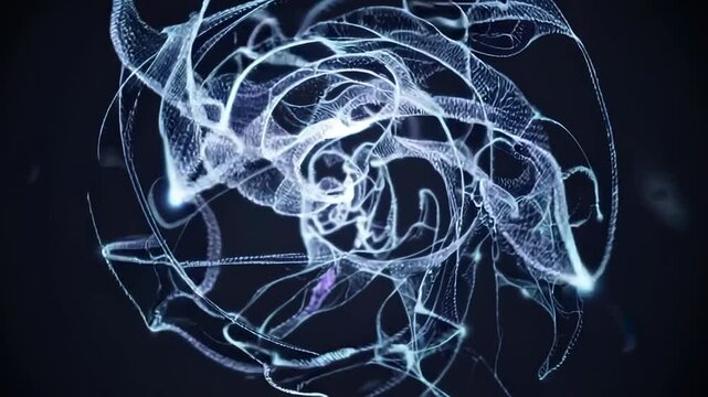 Monochromatic particle simulation in infinite darkness. Silvery-white mist forms hypnotic spiral patterns, creating depth and mystery through ethereal movement and atmospheric diffusion.