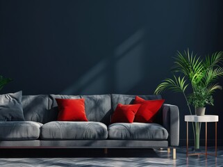Modern living room interior with gray sofa and red pillows against a dark wall with natural light streaming in