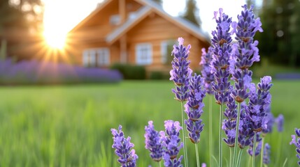 Naklejka premium Purple flowers near a small house at sunset. The flowers are in focus, while the background is slightly blurred. Sunlight filters through trees