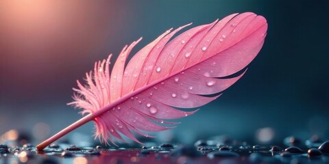 Naklejka premium A Delicate Pink Feather Adorned with Dewdrops Rests Gently on Smooth, Dark Pebbles, Illuminated by Soft, Warm Light