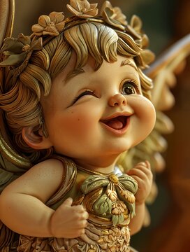 Una figura de &aacute;ngel sonriente con un gui&ntilde;o, mostrando una expresi&oacute;n juguetona y encantadora.