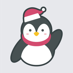 penguin wearing santa hat and red scarf in outline flat vector design.