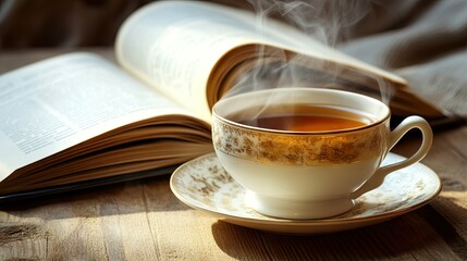 A hot beverage with steam rising gently from the cup, placed on a wooden table with a book nearby.