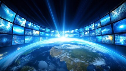 Obraz premium Multiple screens displaying various images, forming a ring around a detailed image of Earth, with bright light radiating outward, representing global