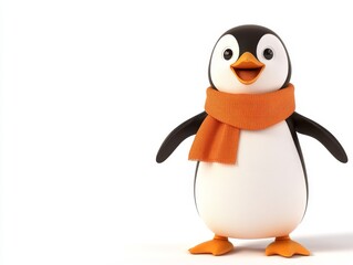 Fototapeta premium Happy cartoon penguin wearing scarf, against white background, winter holiday greeting card illustration