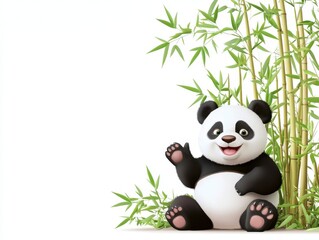 Naklejka premium Happy Panda Waving in Bamboo Forest, White Background, Asian Culture Illustration, Ideal for Children's Book