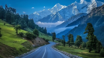 Scenic mountain road winding through lush green valleys towards snow capped peaks. AI generated