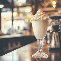 Creamy milkshake on cafe counter