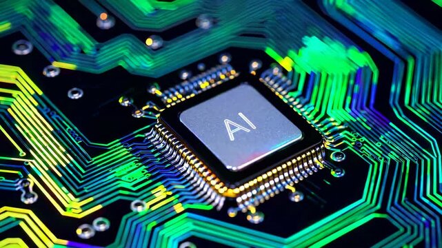 Microchip with ai technology on vibrant circuit board, close-up view. Innovation and tech advancement concept