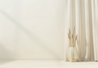 Minimalist interior design with a white wall. wooden floor. and a vase with dried grass