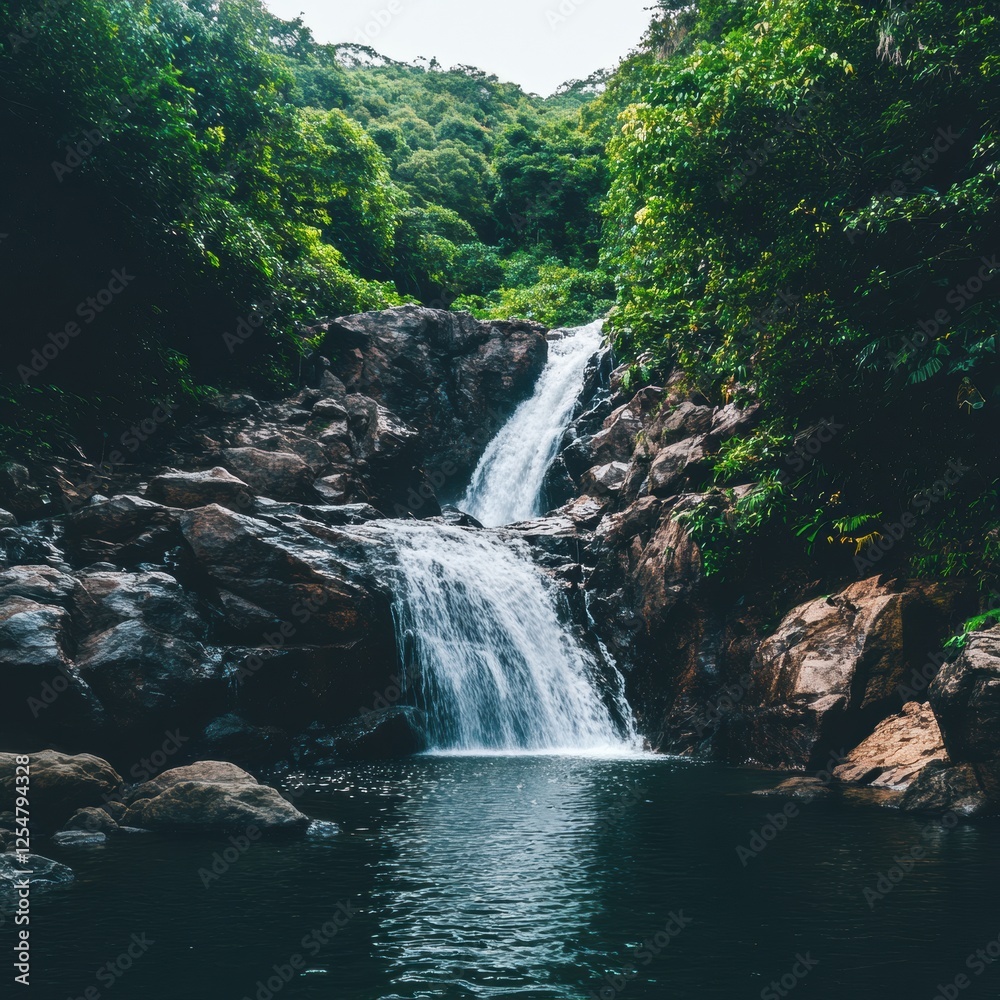 Poster beautiful waterfall cascading into tranquil pool surrounded by lush greenery in a peaceful natural s