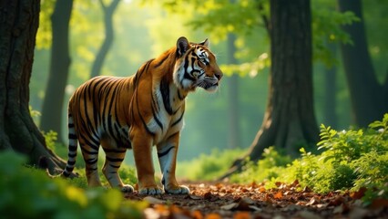 Fototapeta premium Majestic tiger gracefully strolls through a sun-dappled forest, its vibrant stripes contrasting with the lush green foliage.