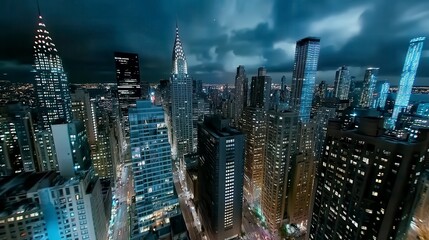 Fototapeta premium High angle view of a cityscape at night, illuminated by numerous lights in skyscrapers, under a dark cloudy sky. The image shows a variety of