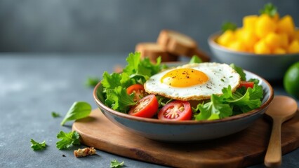 A sunny-side up egg nestled on a vibrant green salad with ripe cherry tomatoes, served in a rustic bowl on a wooden board