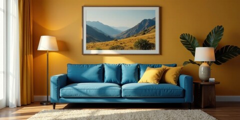 Sunlit Living Room with Teal Sofa and Mustard Throw Pillows, Featuring a Framed Landscape Print and Stylish Table Lamps