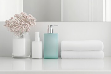 Modern bathroom counter featuring elegant skincare products and fresh flowers in a serene, minimalist setting