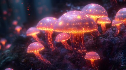 A jungle floor covered in glowing biomechanical mushrooms with blinking circuits.