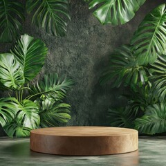 Wooden display platform amidst lush tropical foliage