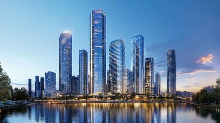 Obraz premium A panoramic view of a financial district with ultra-modern glass skyscrapers standing tall.