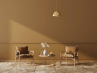 Two brown chairs with cushions and a small round table with vase and glasses. set in front of a muted yellow wall