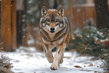 Fototapeta premium Majestic Wolf Running in Snow, Full-Body Shot. Captured with Natural Light, High Resolution, Super Detailed.