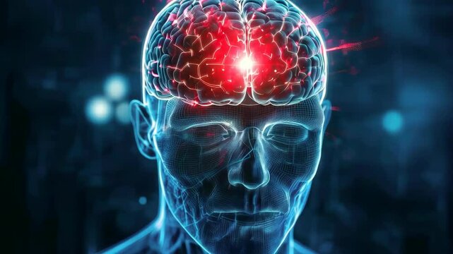 video of An X-ray of a man's head showing a medical examination of head injuries, with the frontal part of the brain highlighted in red	

