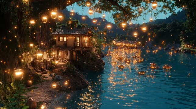 A picturesque coastal scene, featuring a rustic seaside village nestled beside a body of water. Soft, warm light emanates from hanging lights